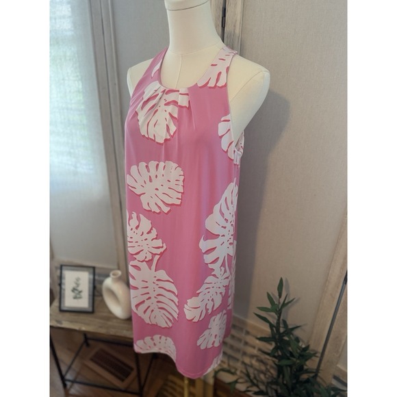 Tori Richard Pink Monstera Leaf Halter Dress Resort Wear Size M - Picture 4 of 9